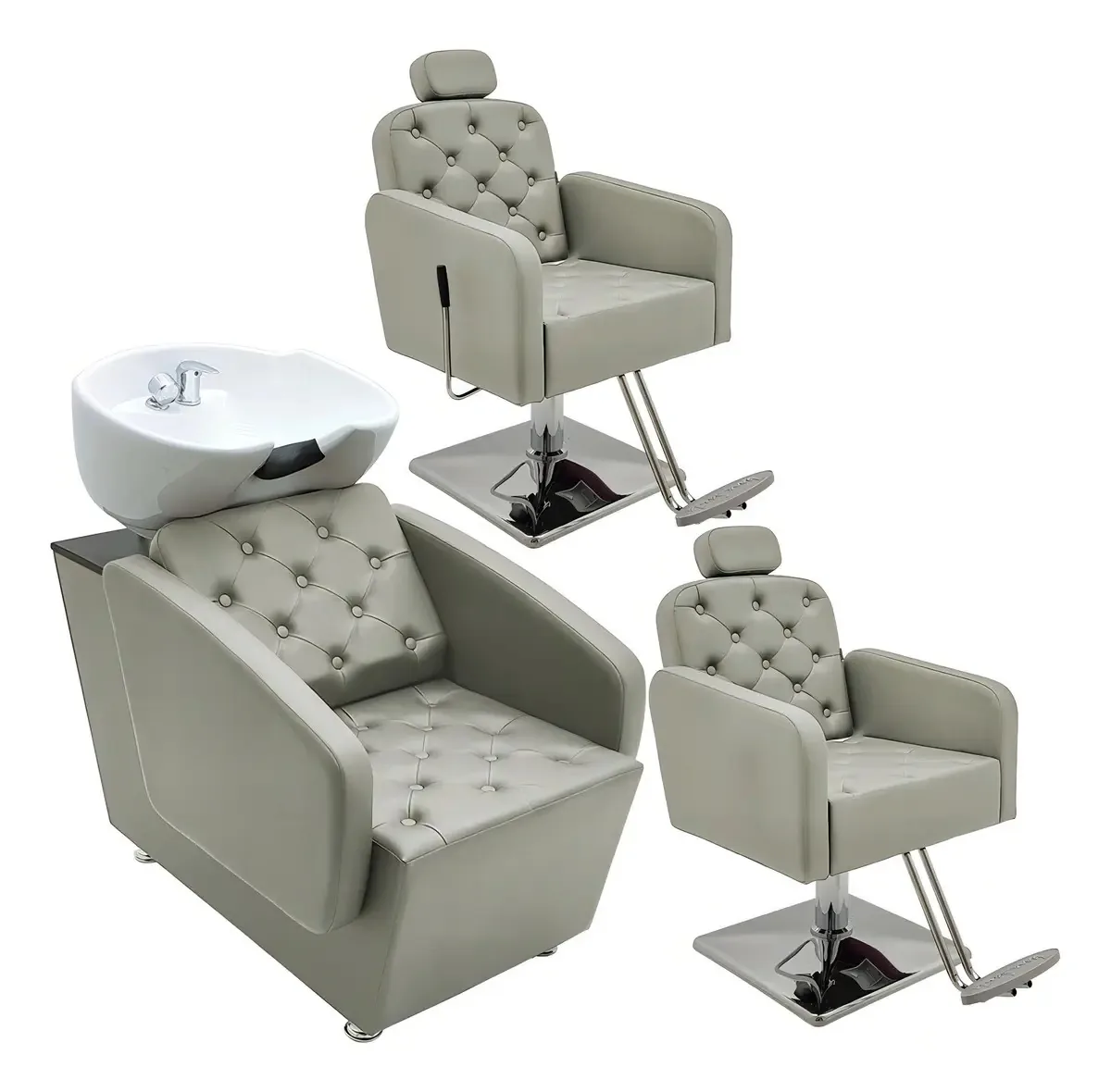 Kit De Salão 1 Cadeira Reclinável + 1 Fixa Bq + 1 Lavatório Cor Prata Envelhecido Acetinado