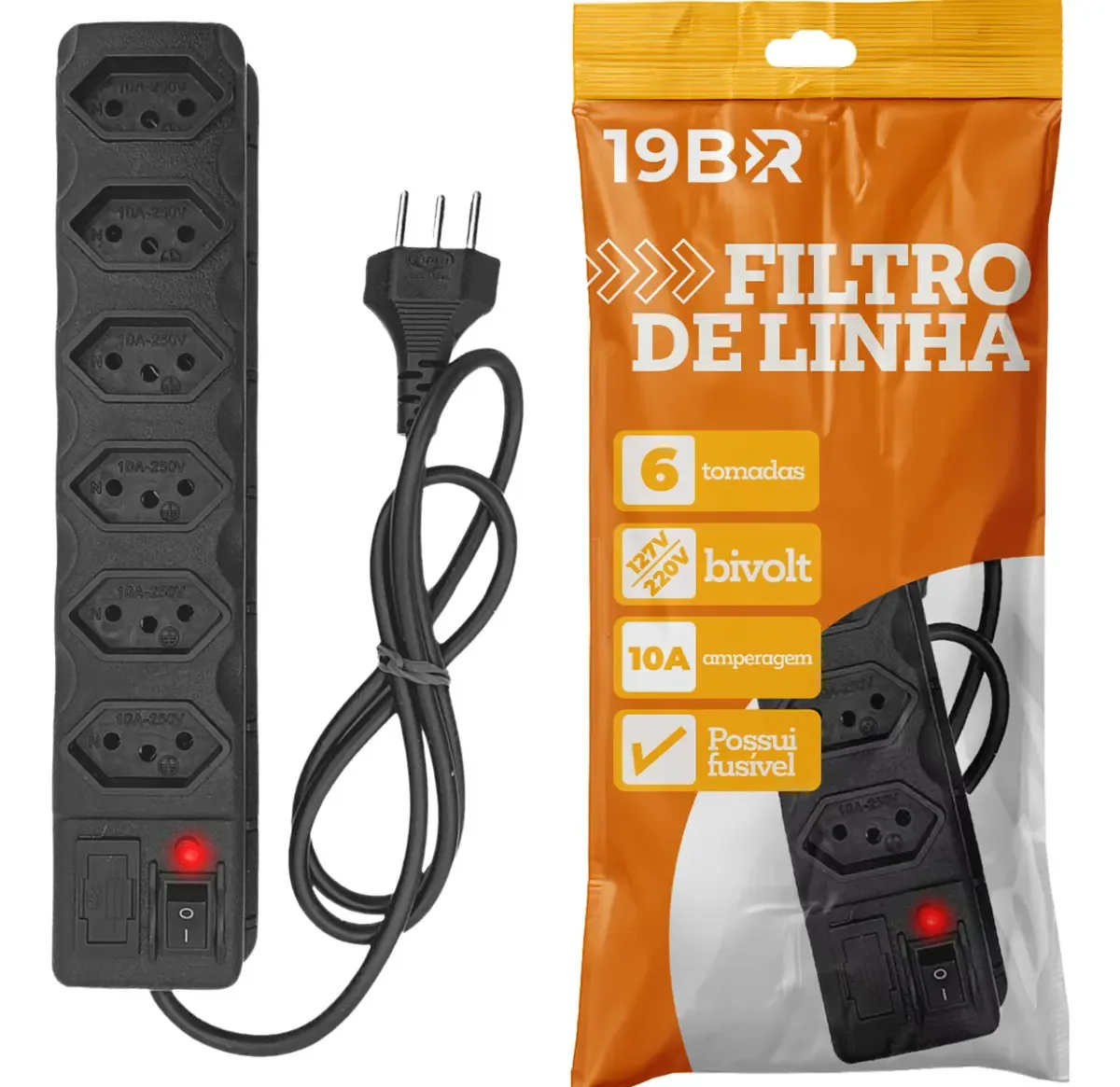 Régua Extensão Elétrica 6 Tomada Filtro Linha 19BR