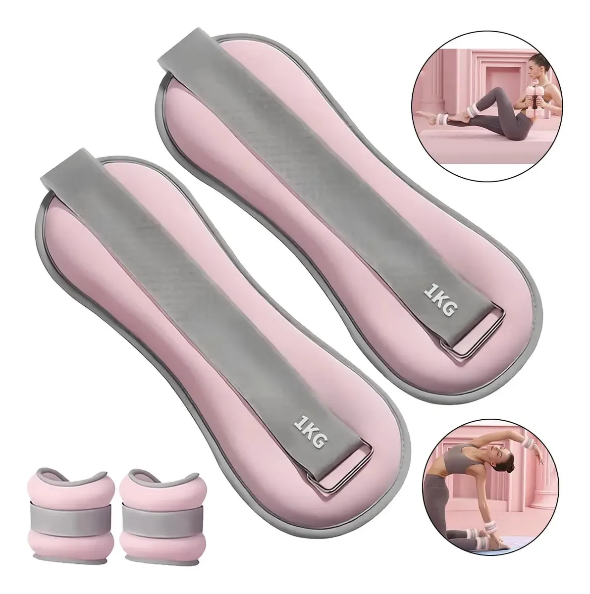2 pulseiras e tornozeleiras ajustáveis, 1 kg para fitness, rosa