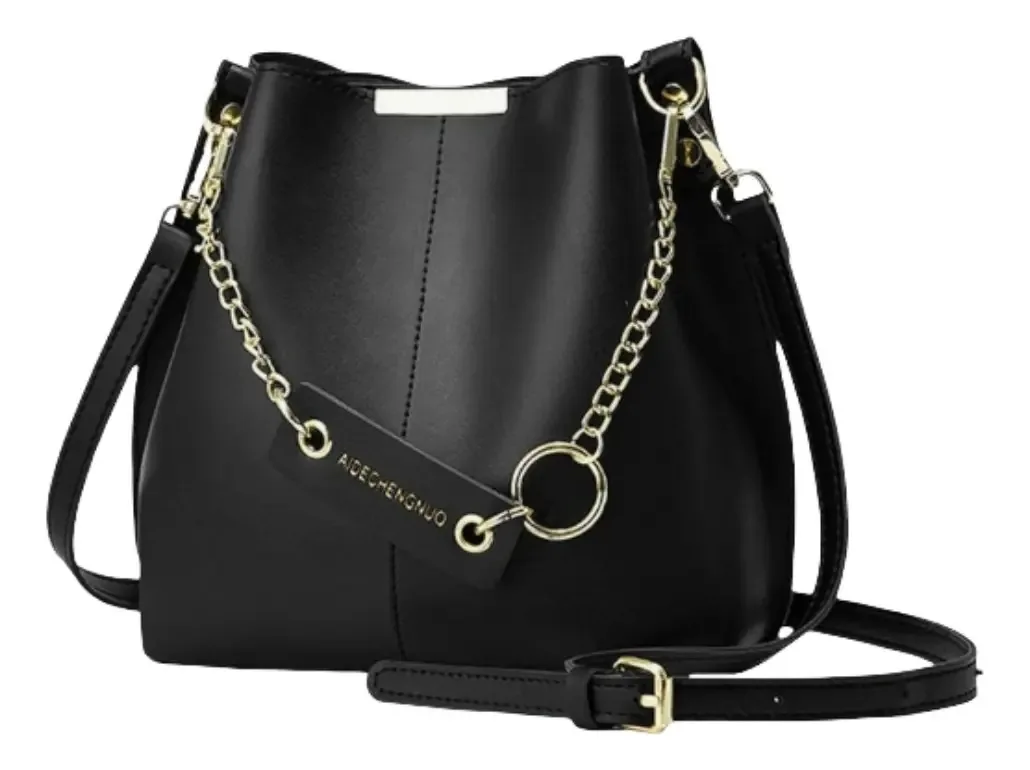 Moda feminina, carteira tiracolo, bolsa de ombro, acabamento em hardware, cor de níquel, alça de ombro preta, alça de ombro preta, design de tecido liso