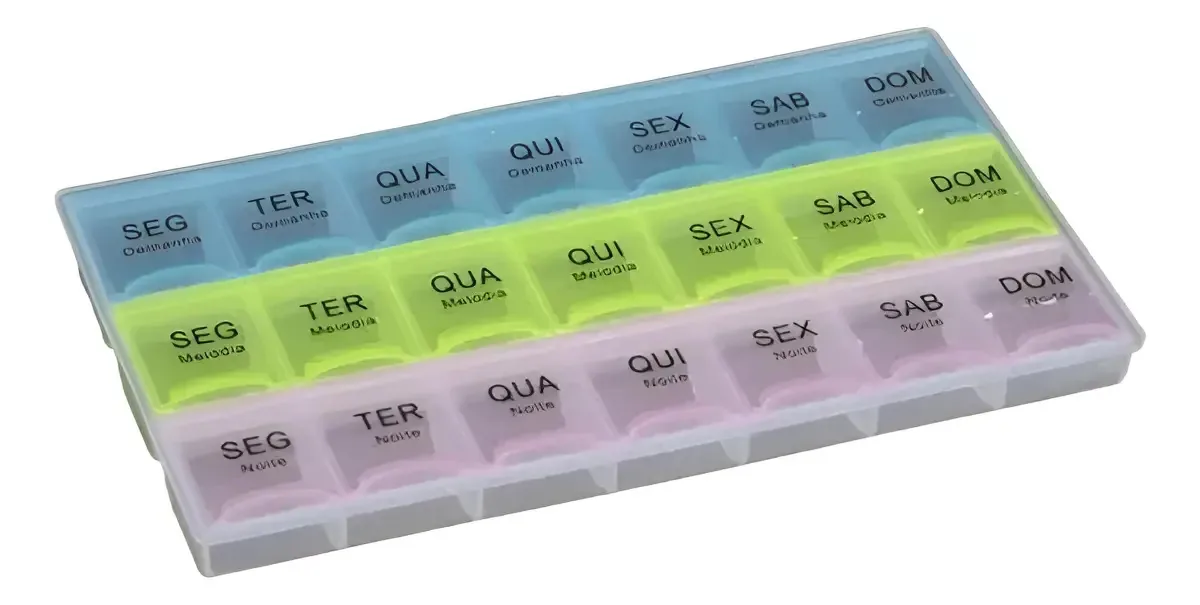Caixa de comprimidos de remédios colorida semanal transparente