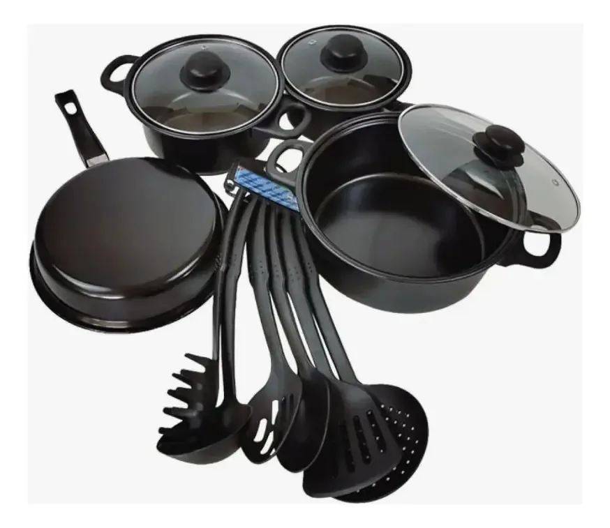 Conjunto de utensílios de cozinha antiaderentes pretos de 13 peças, além de utensílios