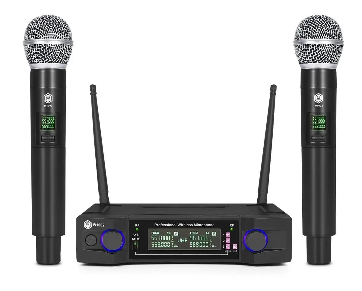 Microfone sem fio W1002 VHF, 2 canais e 2 microfones