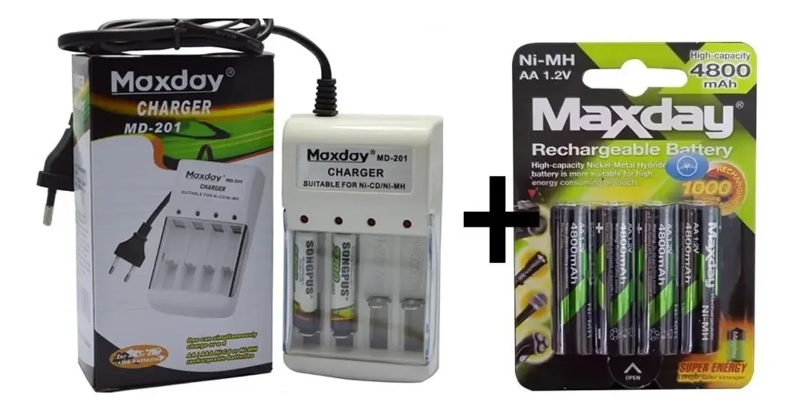 Carregador de bateria A-612 + pacote de 4 pilhas AA recarregáveis