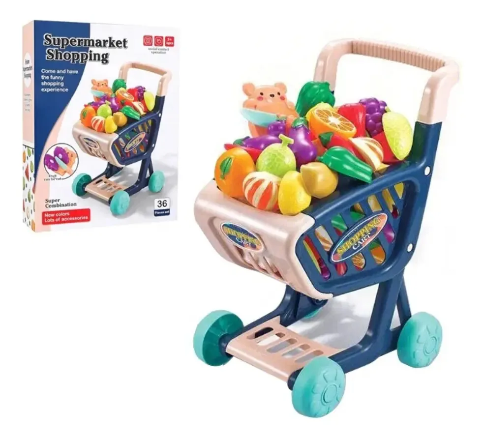 Carrinho de supermercado de brinquedo para meninos e meninas, 36 peças