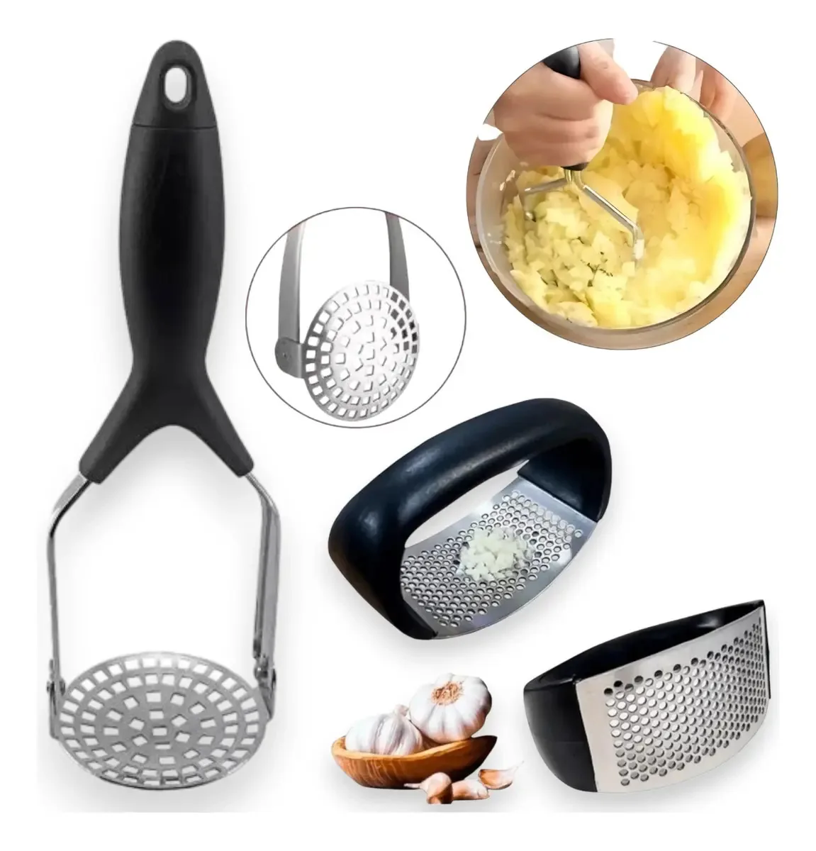Amassador Dobravel Batatas Inox E Amassador De Alho Inox Kit