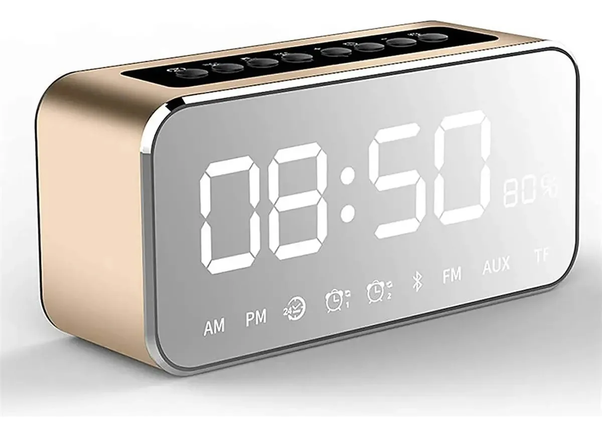 Rádio-relógio Gerrit, despertador sem fio, rádio-relógio digital, espelho multifuncional, rádio FM com subwoofer portátil, suporte Aux Tf, prata (dourado)