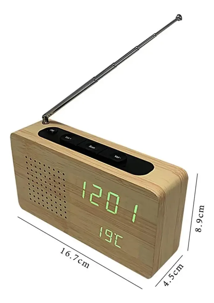 Rádio-despertador Gerrit, controle de voz de madeira, brilho ajustável, rádio-despertador FM com função brilhante, branco (branco)