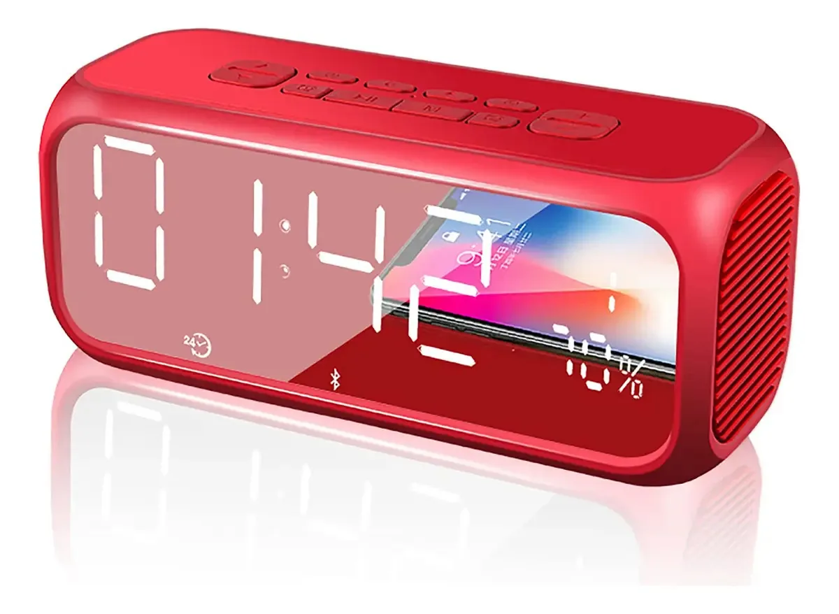 Despertador Gerrit com rádio digital, mini player portátil pequeno, subwoofer pesado, espelho HD, despertador, áudio sem fio, rádio FM para casa, carro, azul (vermelho)