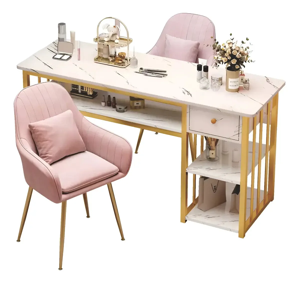 Gaveta de mesa de manicure em mármore com 1 gaveta e 3 prateleiras brancas