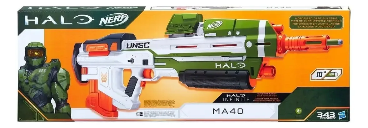 O lançador motorizado Nerf Halo Ma40 inclui 10 dardos selados