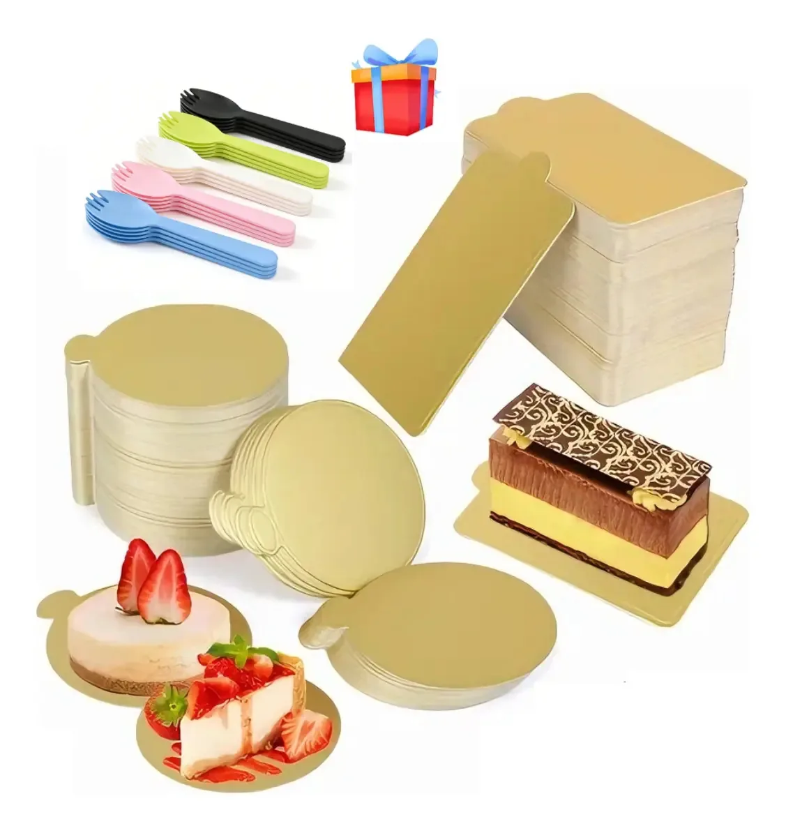 Set De Bases De Carton Para Pastel + 25 Tenedores, 100 unidades*Bases Cuadradas Doradas+100 unidades*Bases Redondos+4 Colores Tenedores Para Mini Postres Y Mousse, repostería Ideal Mesa De Dulces