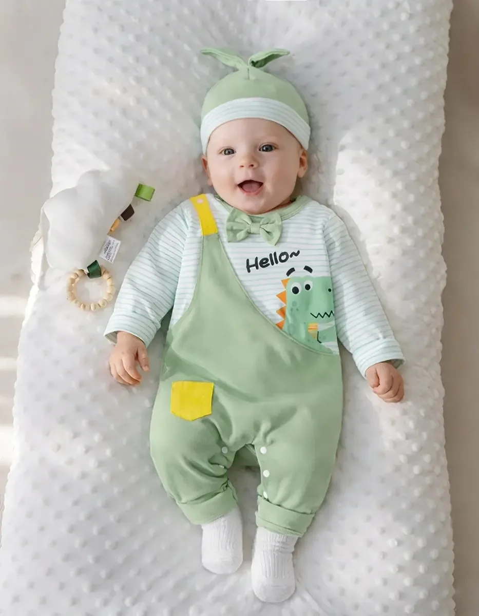Macacão de algodão verde para bebês de 3 a 6 meses com estampa de dinossauro, conjunto de 2 peças Hibobi com chapéu, macacão macio e confortável, ideal para uso diário ou presente