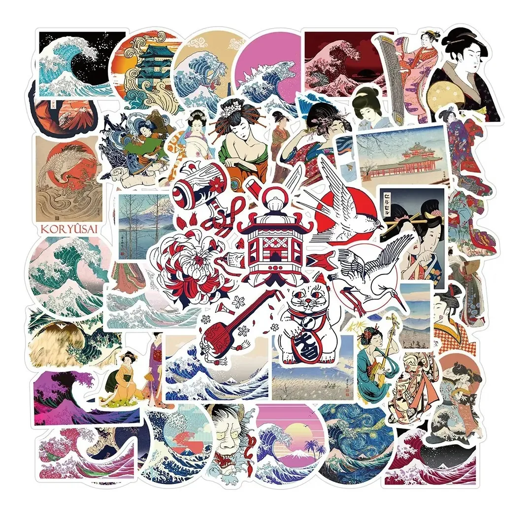 Pacote de 25 adesivos decorativos impermeáveis de arte e grafite japoneses em estilo Ukiyo para laptop, notebook, celular, mala, capacete, carro, bicicleta e superfícies lisas