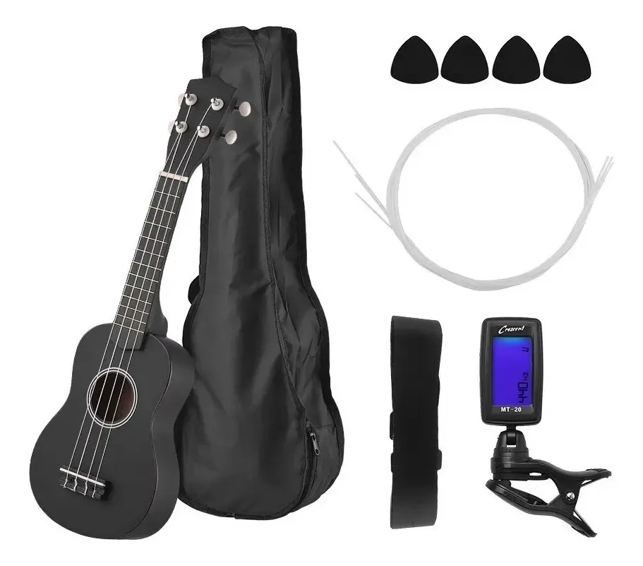 Ukulele soprano acústico de 21 polegadas, kit de ukulele de 21 polegadas, cor preta
