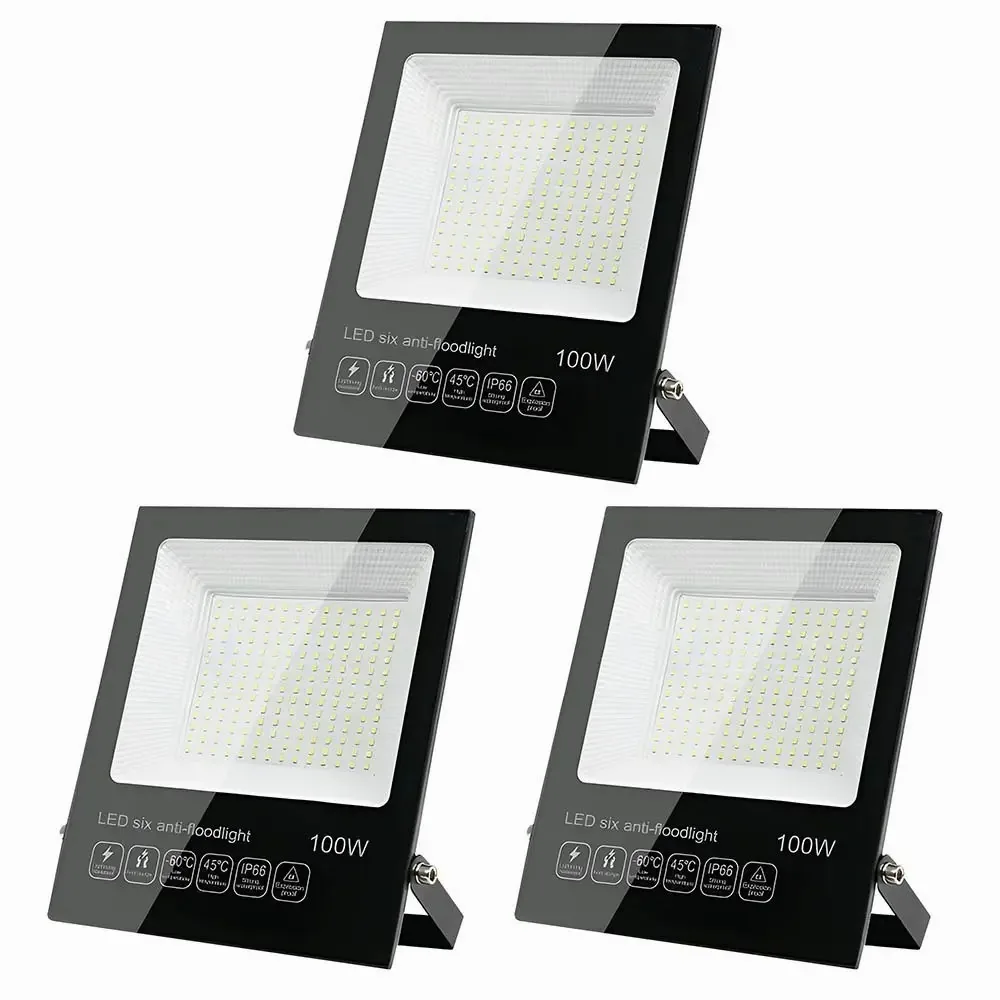 Refletor LED ultrafino de alta potência para exterior de 100 W, 3 peças de caixa preta