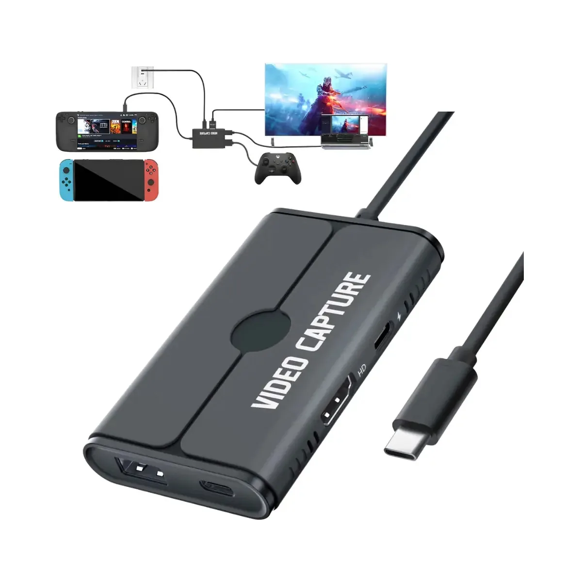 Captura de vídeo USB-c Gamer Streaming Games 1080p 60hz e Dock Station Hub USB-A 3.0 5Gpbs + Saída HDMI 4k + Pd 100w