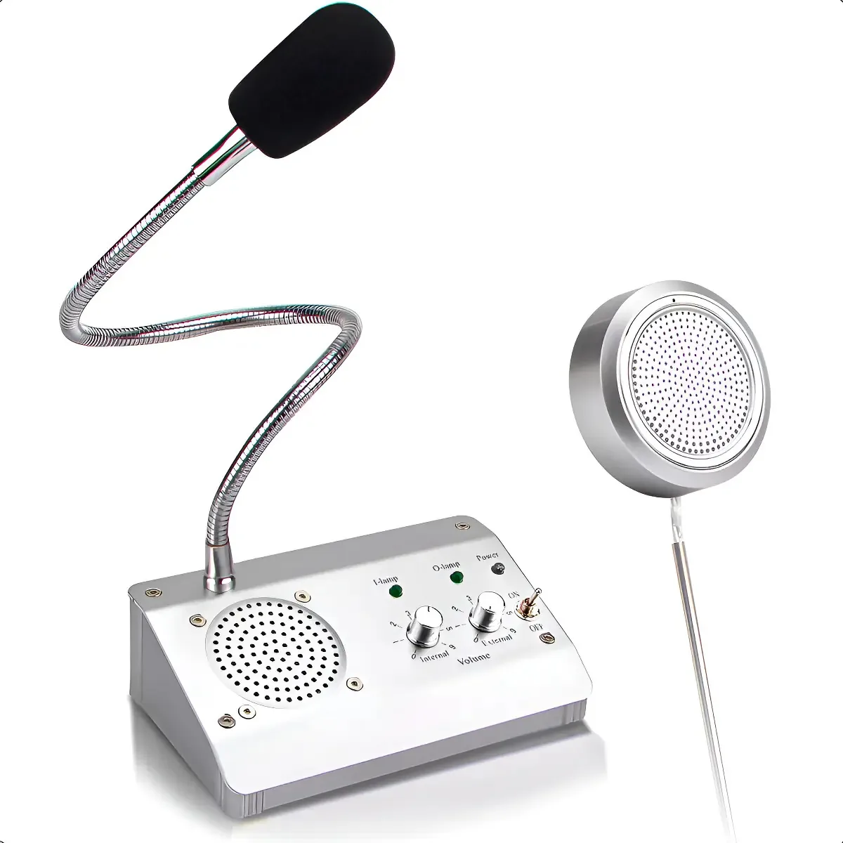 Microfones, amplificadores, bancos de intercomunicação, interfones