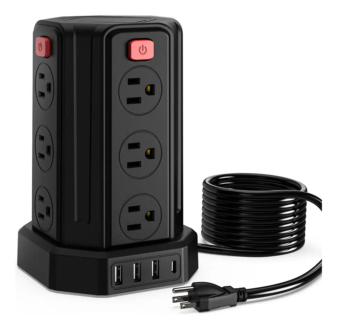Torre de distribuição de energia vertical multicontato, 12 soquetes e 4 USB, cor preta de 3 m