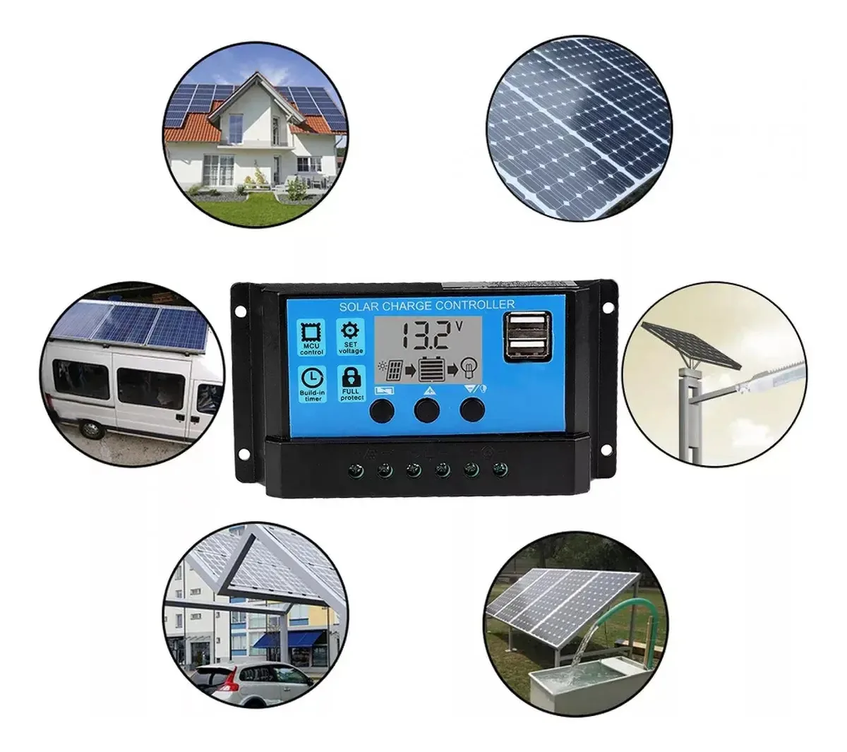 Controlador de carga solar MPPT USB duplo de cor azul 100A