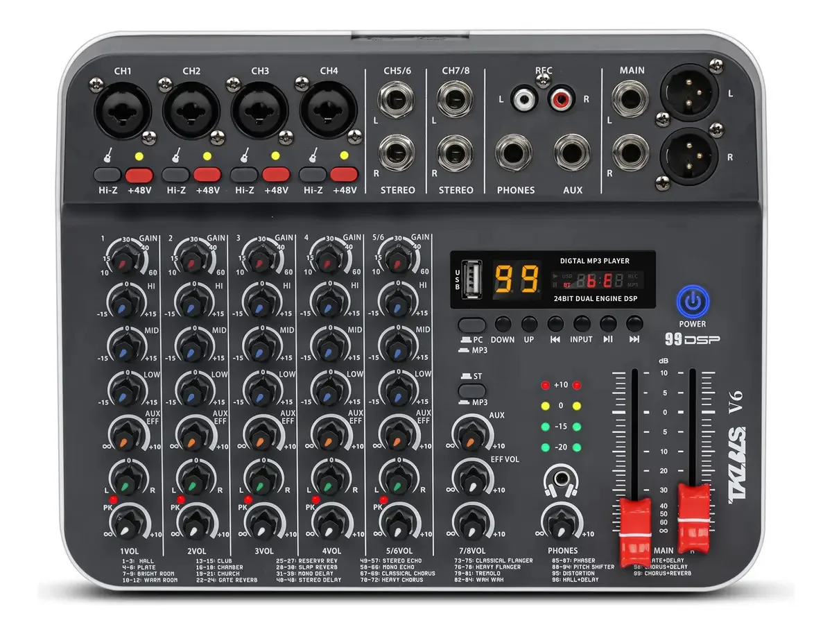 Consoles de som USB de 6 canais para misturador Bluetooth V6