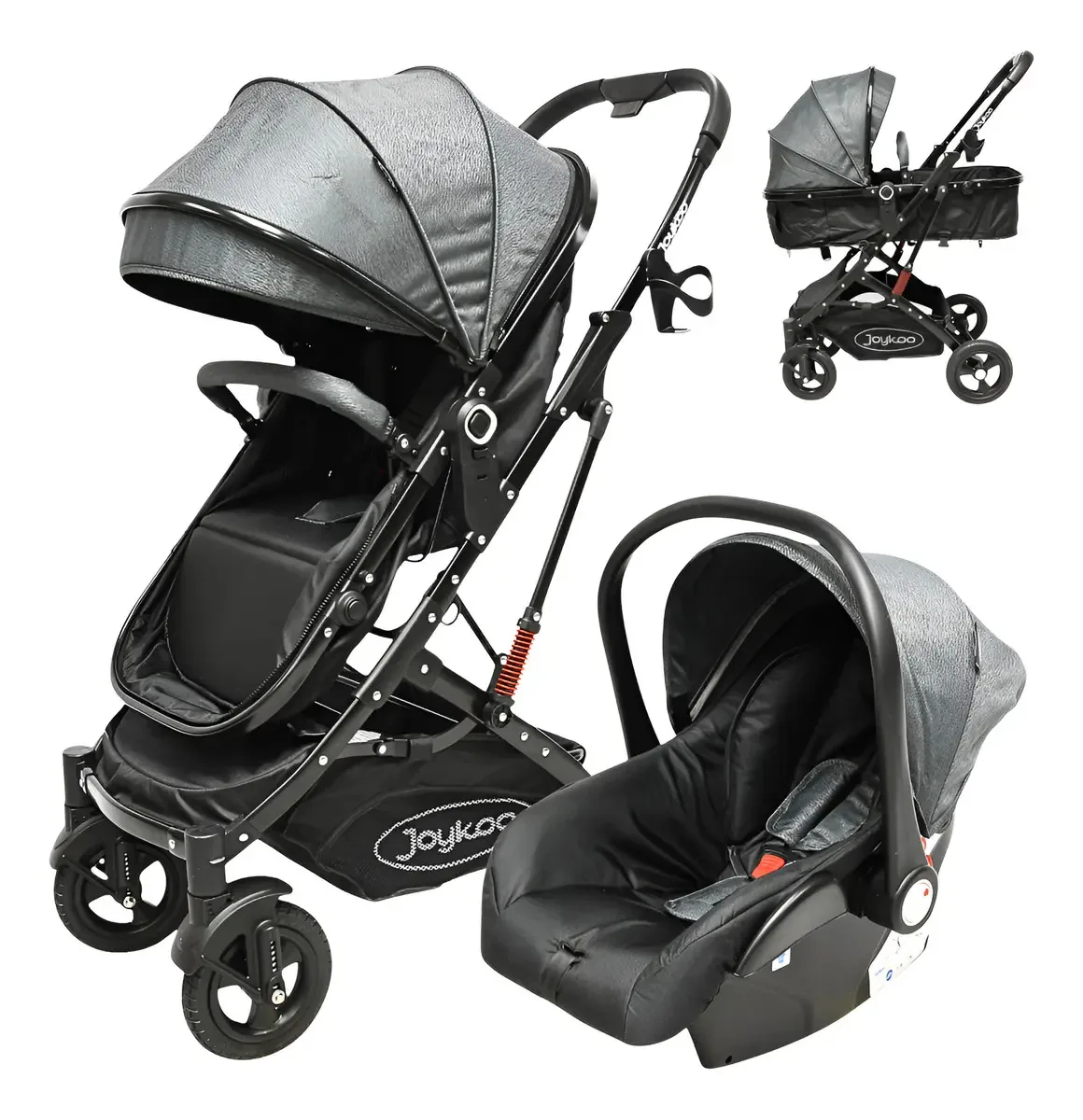 Carrinho de bebê dobrável reversível com porta-bebês cinza preto