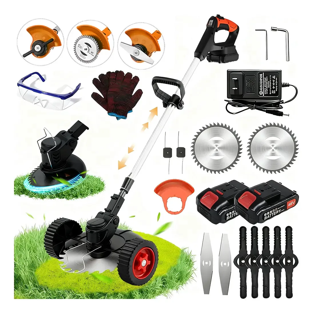 Roçadeira elétrica portátil sem fio com 2 baterias de 42 V, podadores de grama portáteis, cortador de grama, cortador de grama elétrico, cortador de grama, rodas, ferramentas de jardinagem