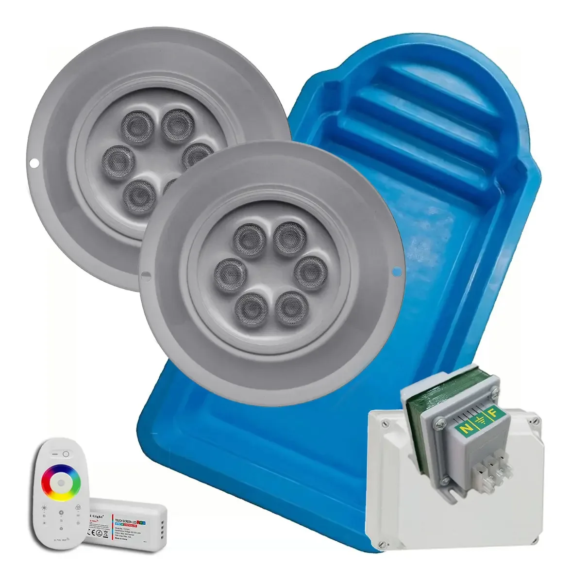 Kit completo de luzes de piscina de fibra de vidro 2 luzes LED de 20 w RGB Submersíveis Plásticos ABS + Transformador de bobina dupla + Caixa + Controle remoto Touch RF pronto para instalar