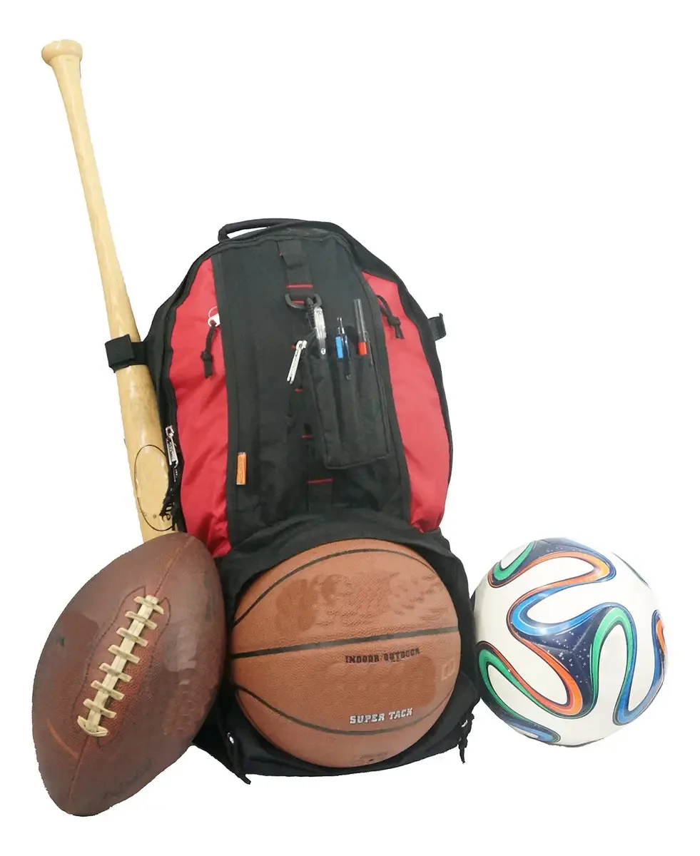 Mochila de beisebol para softbol, basquete e vôlei, bolsa de futebol com compartimento para guardar bolas, compartimento para capacete, suporte para tacos e bolsa para carteiras, preto/vermelho