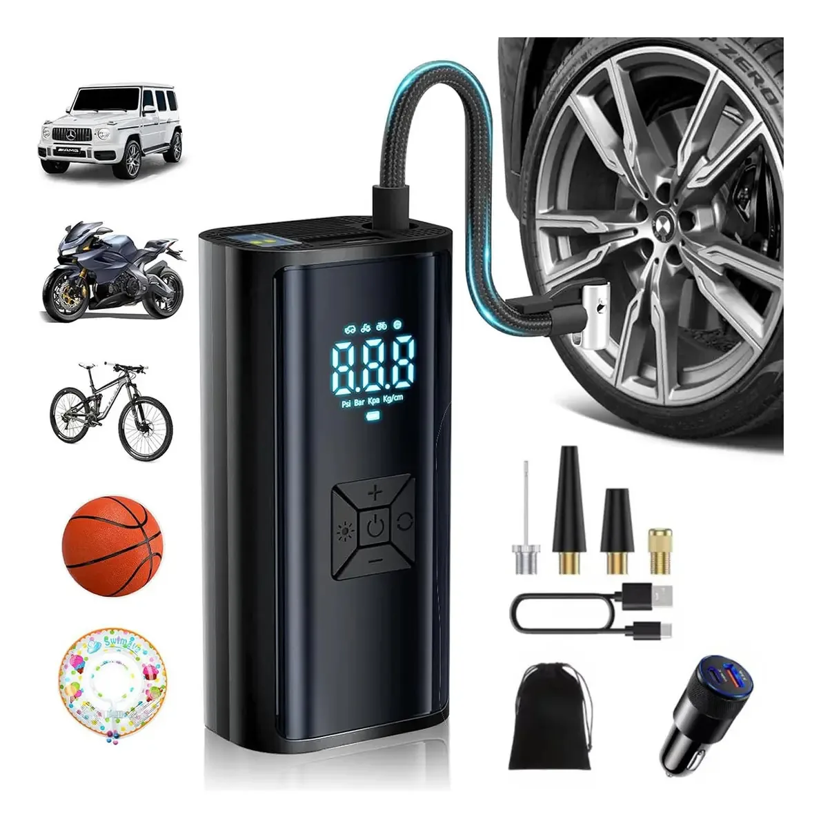 Inflador de pneus sem fio portátil, pneus de carros e motocicletas, opressor de bomba de ar, LCD, cor preta