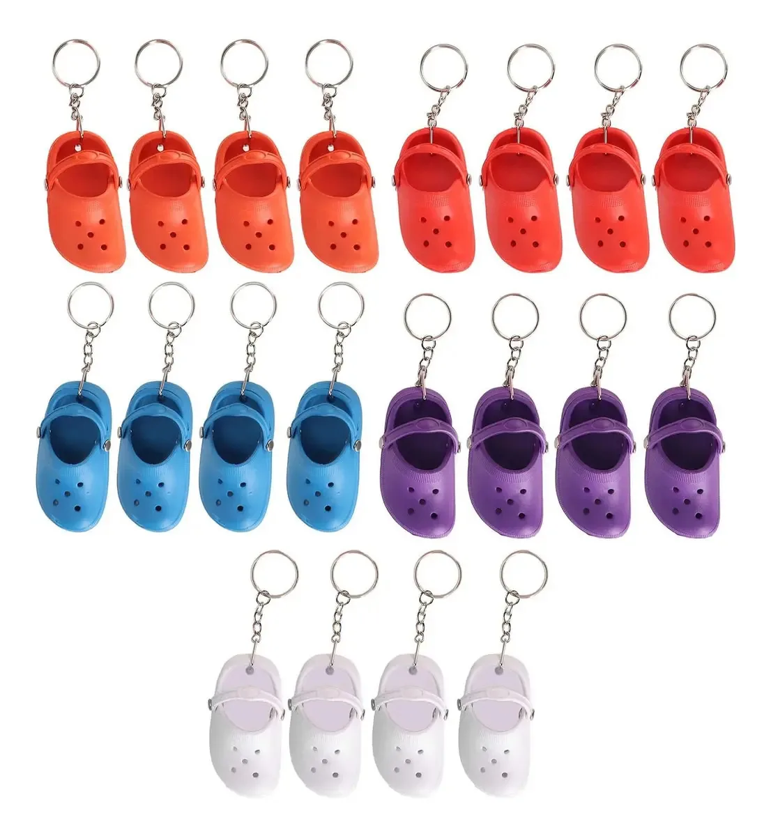 Chaveiros de chinelo de 20 peças, sapatos de 5 cores com orifícios resistentes, minichaveiros para bolsas e mochilas, lindo chaveiro de silicone macio e flexível para bolsas, roupas, paredes e portas