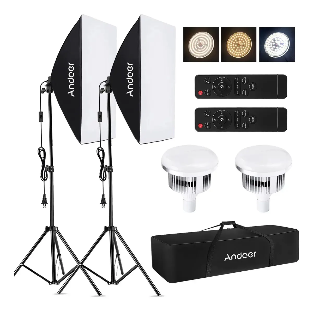 Kit de estúdio fotográfico Andoer xr147 com refletor, difusor, pano de fundo, lâmpada e bolsa - conjunto completo de fábrica para fotografia profissional