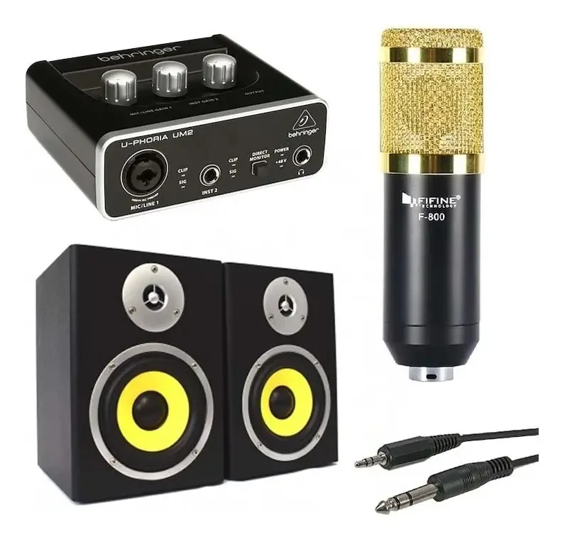 Kit de gravação combinado: placa, microfone, monitores Prm, cor preta