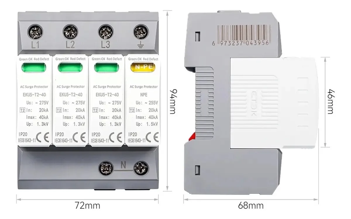 Protetor Contra Surtos E Pára-raios Dispositivo De Proteção Contra Surtos Para Casa, Pára-raios, Tipo T2 SPD, CA 4P, 20 kA~40 kA, 3P+NPE, 275 V, EKU5-T2-40-3PN275