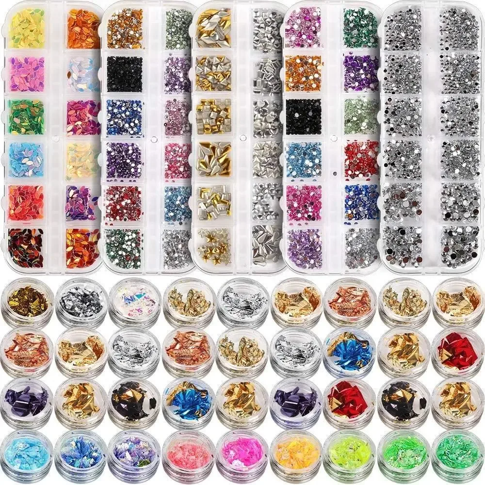 Nail Decor, 5 caixas de strass, 36 potes, folha de ouro, pregos