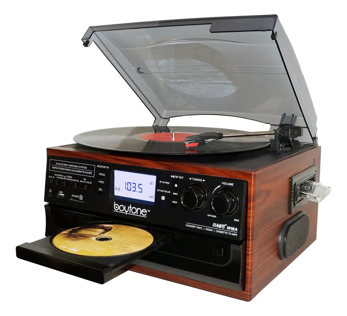 Botão BT-22m, toca-discos Bluetooth, rádio AM/FM, cassete. Cor: Mogno