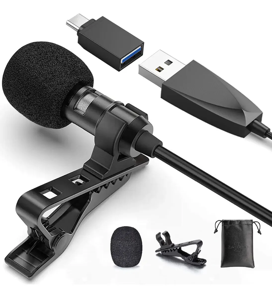 Microfone de lapela USB Z ZAFFIRO Micro USB-C USB Lavalier Lapel Micro USB-C cor preto Microfone de lapela USB
