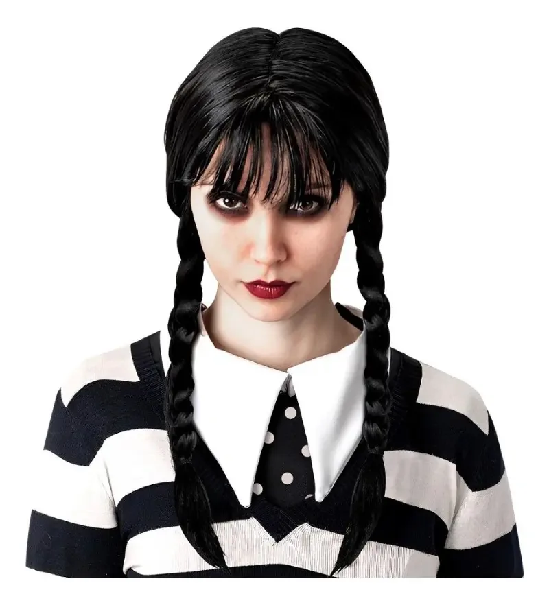 Fantasia de Halloween, perucas, personagens e cores diferentes, cor Merlina