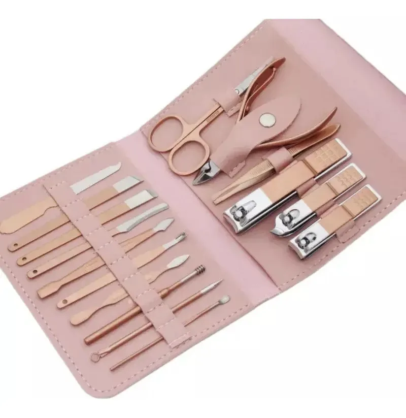 Conjunto Manicure Pedicure Completo Aço Inox 16 Peças Rosa