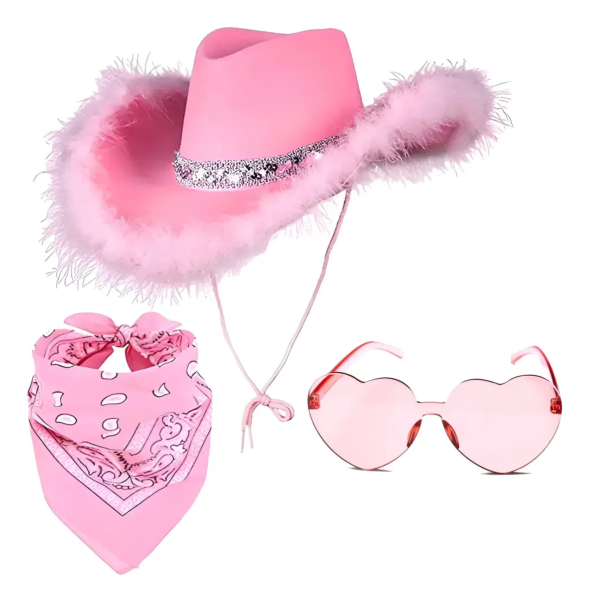 Kit 3un Chapéu Cowboy Rosa Óculos Lenço Country Pluma Festa