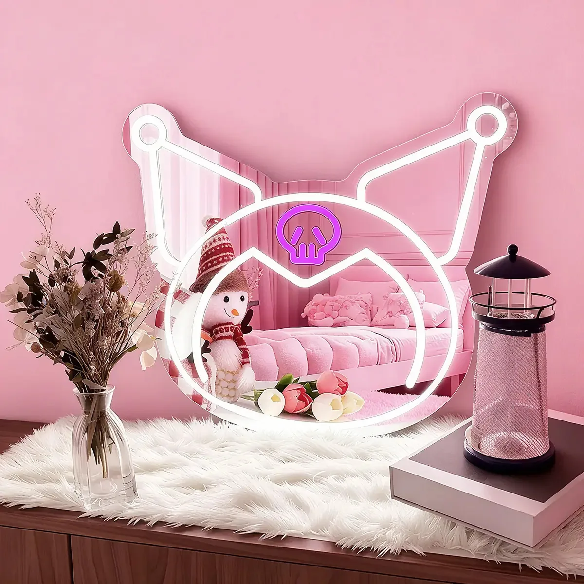 Espelho Kuromi com luz LED ajustável e néon para penteadeira. Espelho decorativo com letreiro de néon. Espelho iluminado para quarto, parede, vestiário, sala de estar. aniversário para meninas.