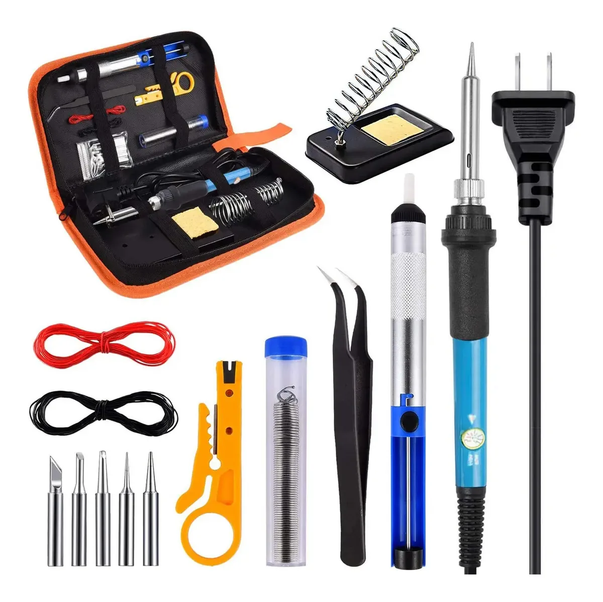 Kit de Solda Eletrônica Kamysen, Ferro de Solda 60 W com Temperatura Ajustável, Suporte para Ferro de Solda, Removedor de Solda, Fio de Solda, Decapador de Fios, Pinças, Cabo de Solda, 5 Peças