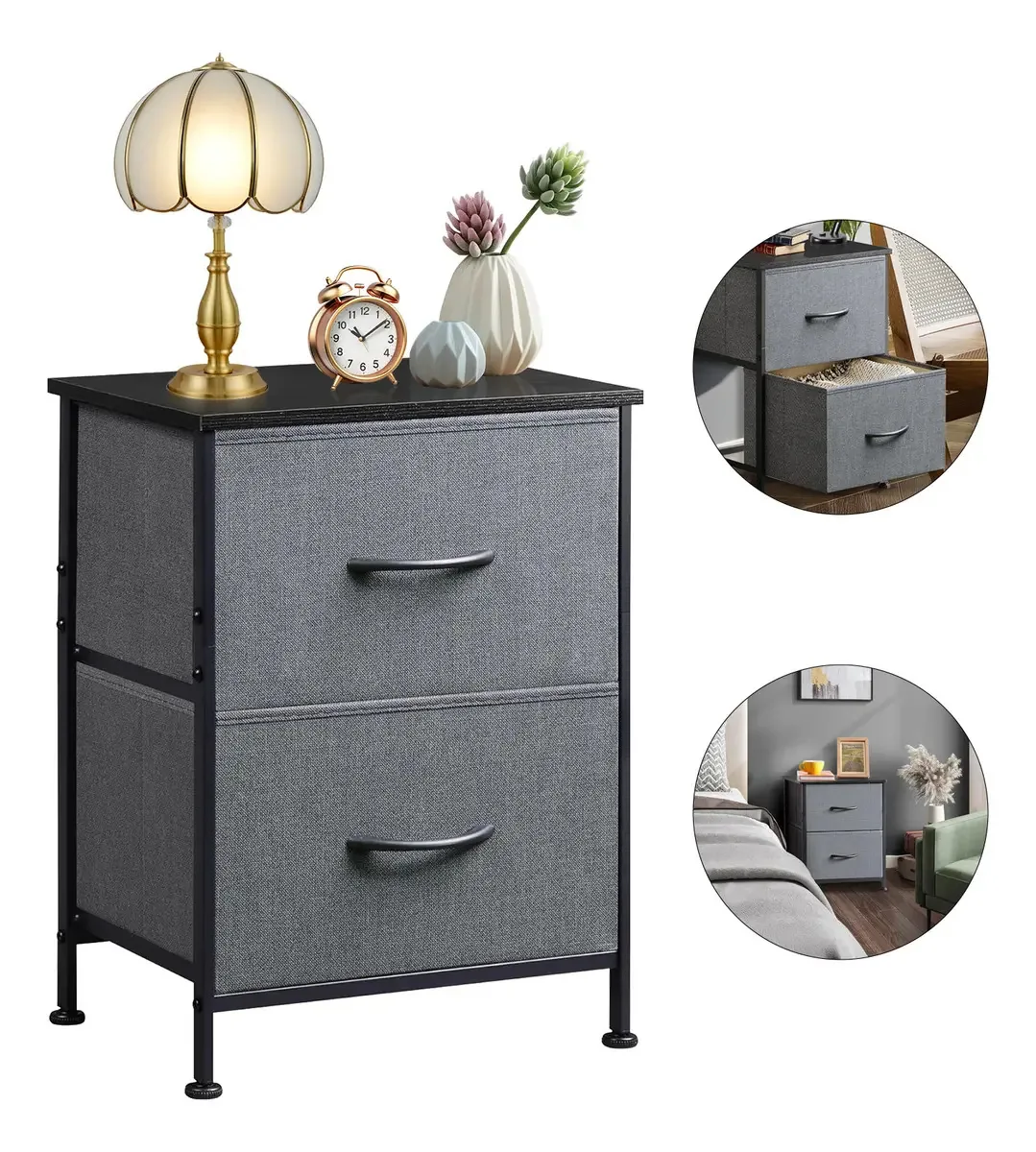 Buro Mesita De Noite Minimalista Moderno Cinza Com 2 Cajones