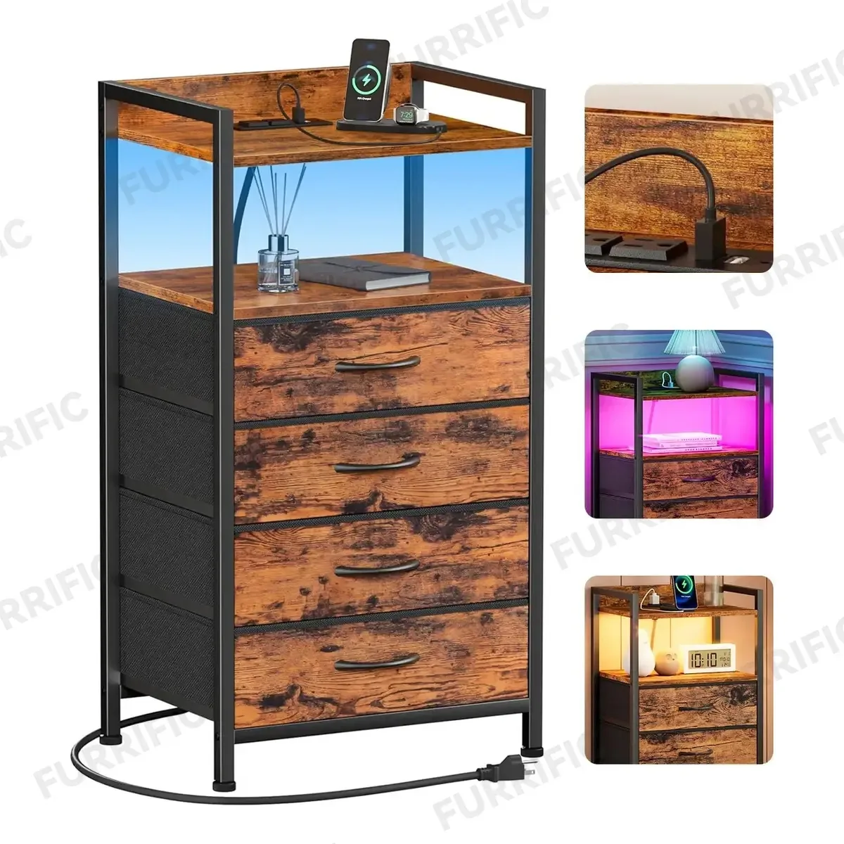 Furrific Mesa De Noche Buro Para Recámara Com Estação De Carga Com 4 Caixotes De Tela, Mesa De Noite Para Recámara Com 2 Conectores E 2 Portas USB, Com Luzes Em 7 Cores