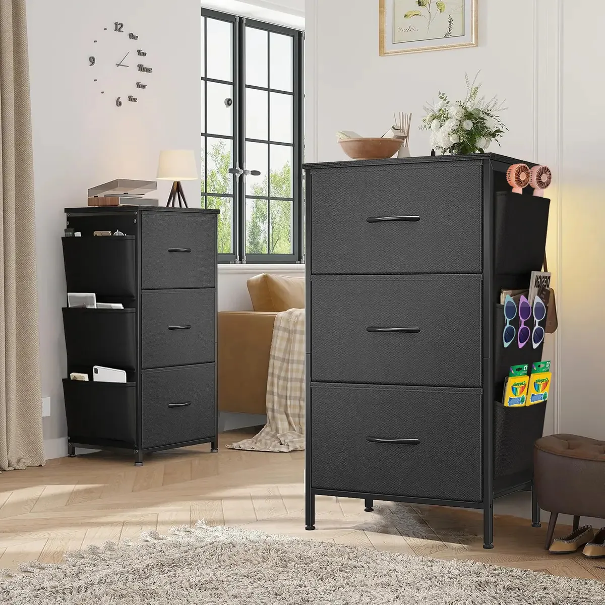 Armário com 3 gavetas, armário de roupas preto multiuso