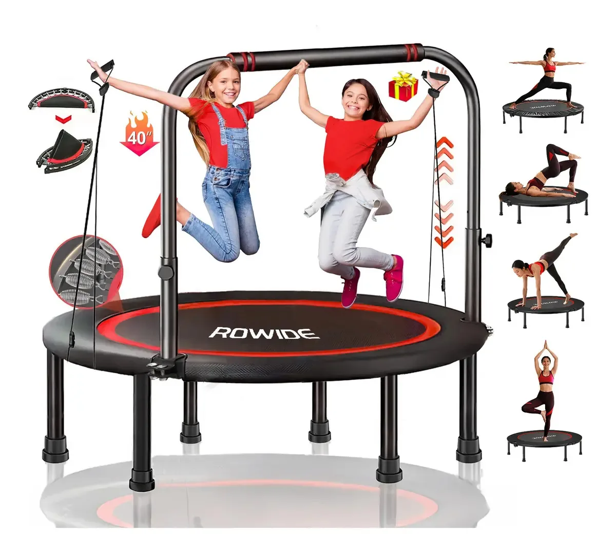 Trampolim Rowide® Fitness para adultos e crianças, trampolim Brincolín Aeróbicos Fitness Plegable Ajustável, Duas Bandas De Resistenciatrampolín Brincolín Para Aeróbicos Fitness Ejercicio Jumping...