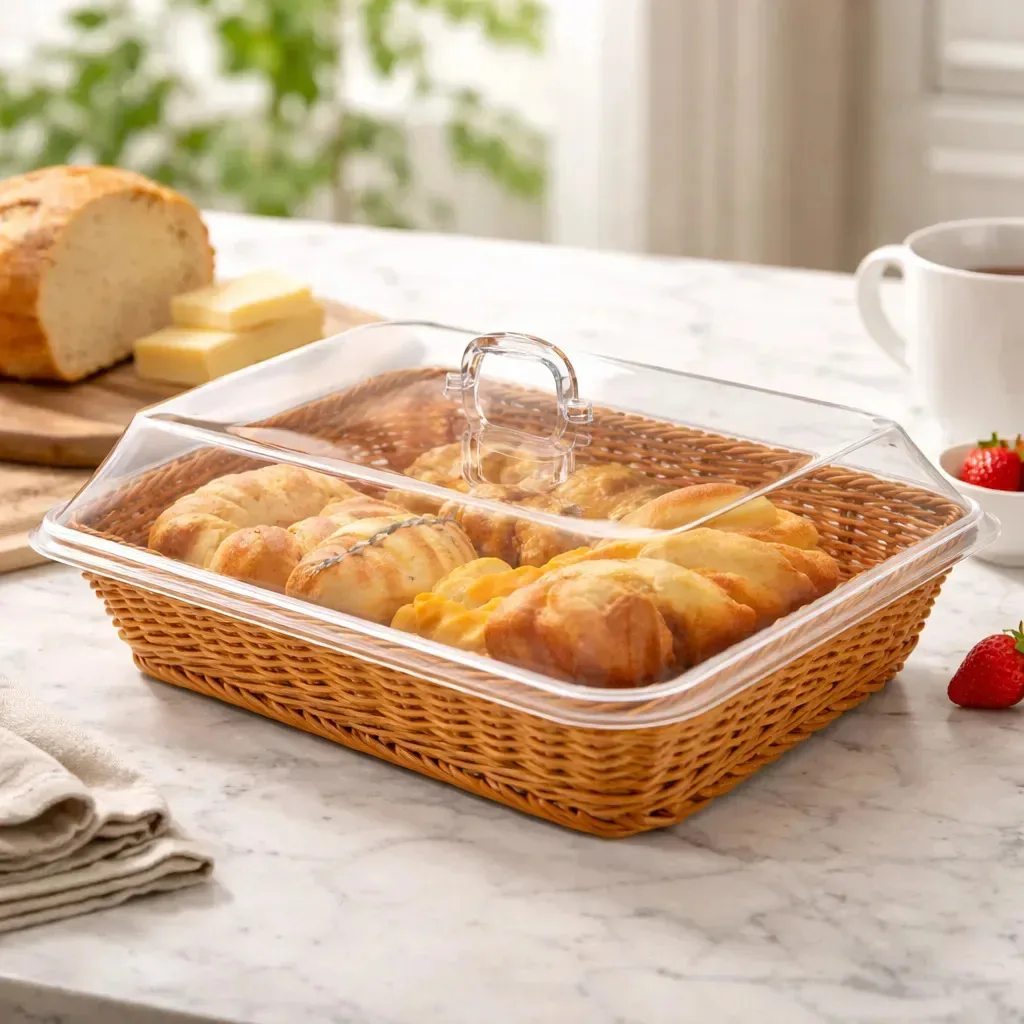 Cesta De Pão Com Tampa De Vime De Acrílico Para Alimentos Cor Marrom