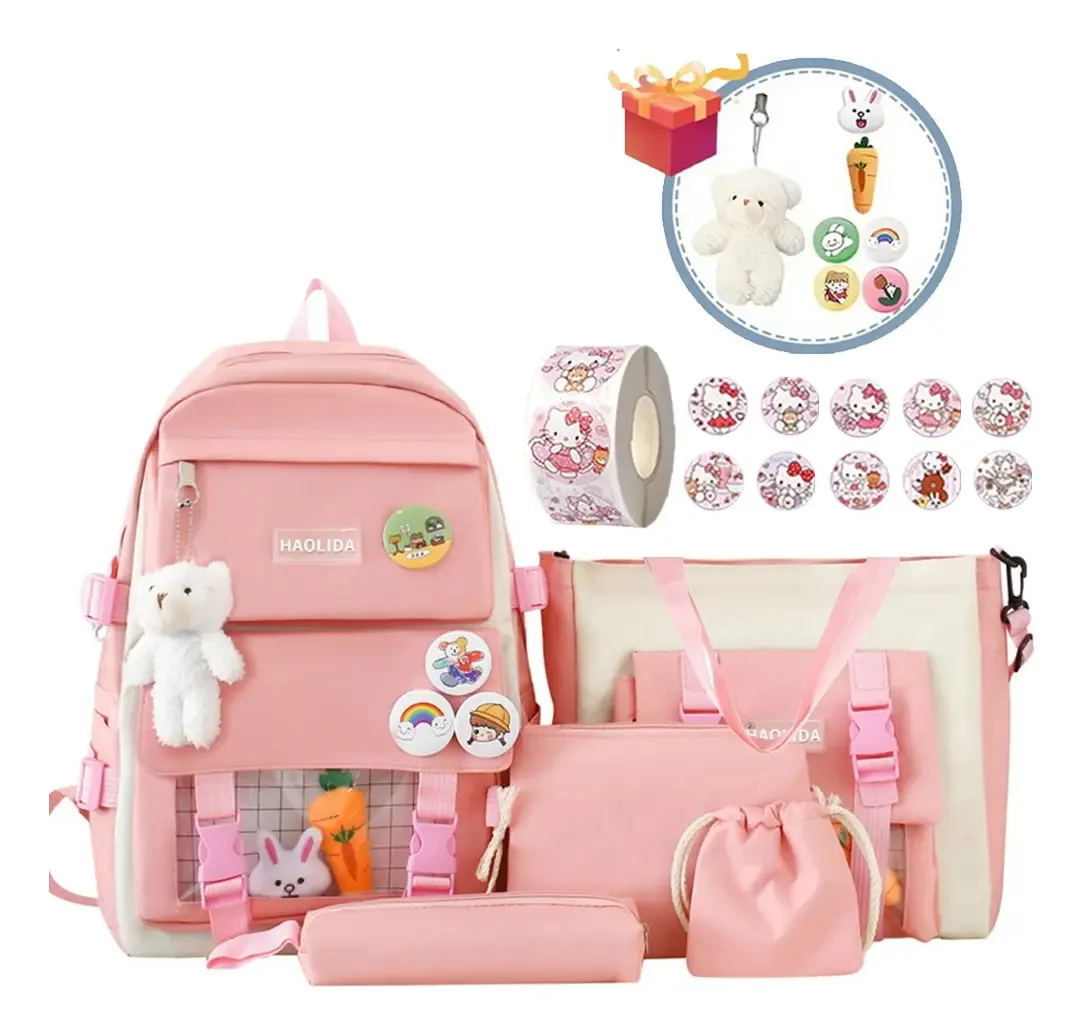 Mochila Kawaii de 5 peças, mochilas escolares para meninas, conjunto 5 em 1. As mochilas incluem mochilas, mochilas para laptop, bolsa de ombro, bolsa de papelaria, bolsa rosa claro