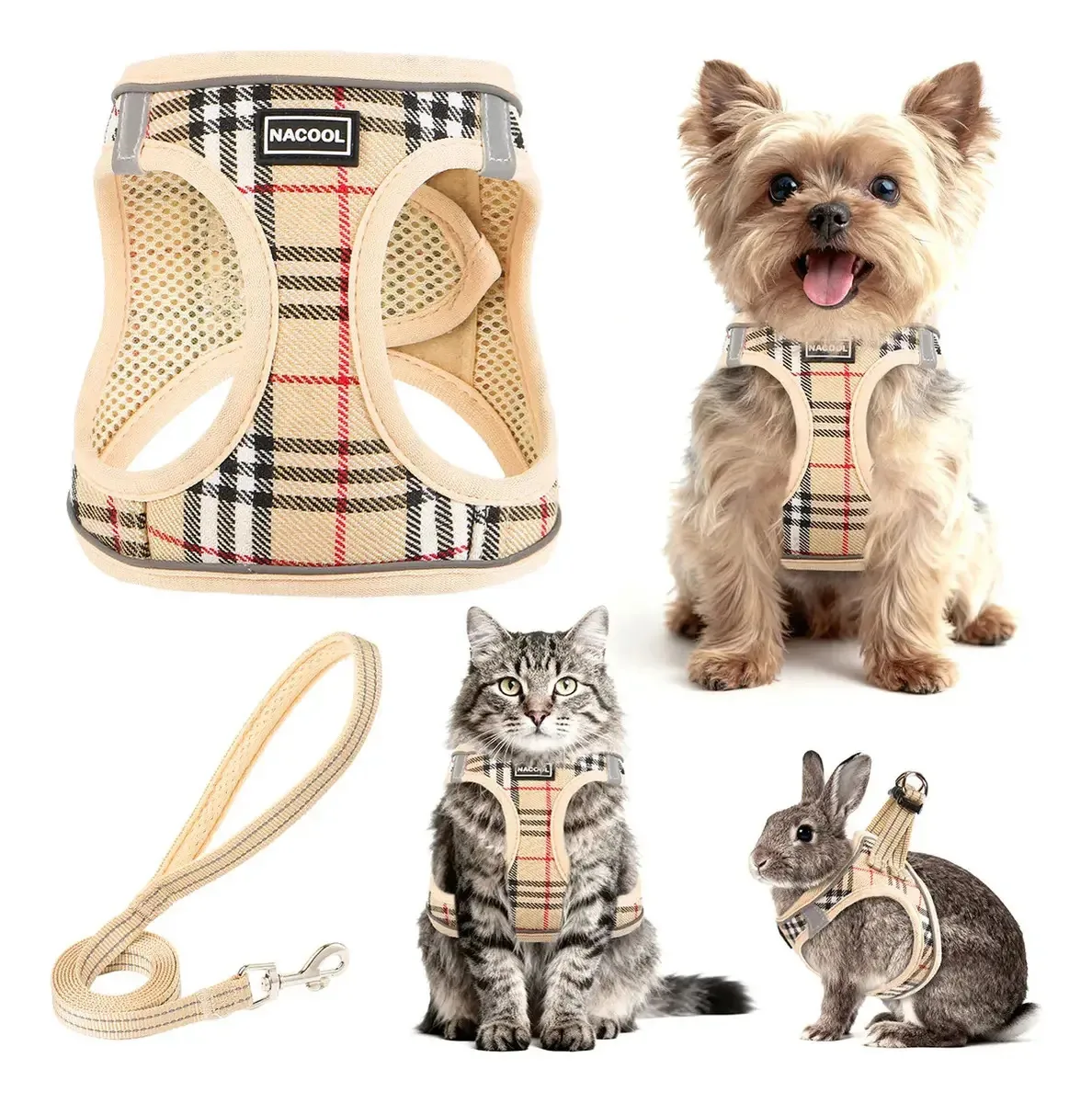 Arnês ajustável Fisherman para cães com faixas refletivas, arnês bege, tamanho Xs