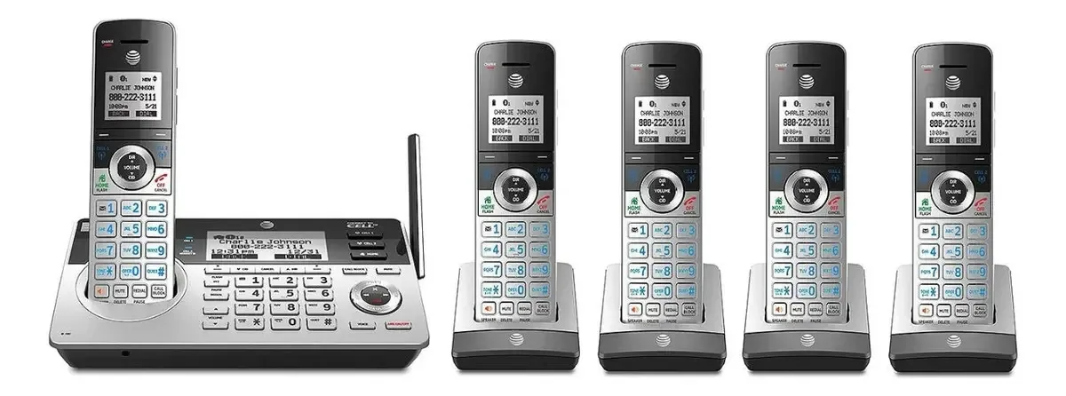 Telefones sem fio At&T Tl96547 com 5 fones de ouvido prateados e pretos